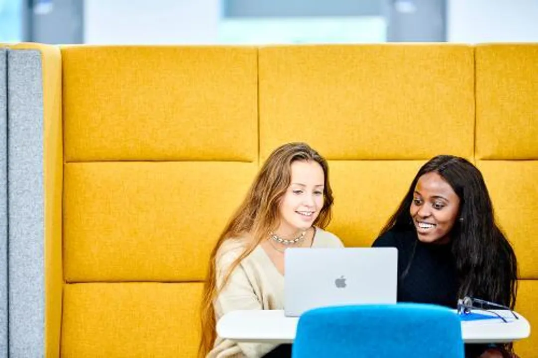 Two students looking at laptop