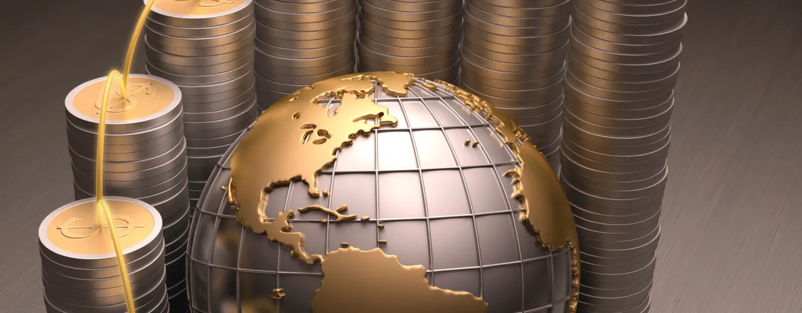 A metal globe surrounded by towers of coins