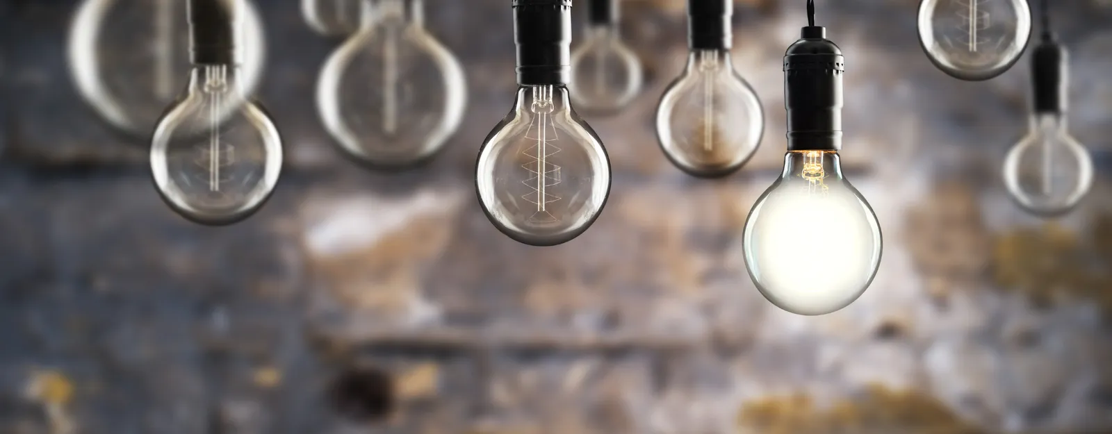 Hanging light bulbs with the front bulb illuminated