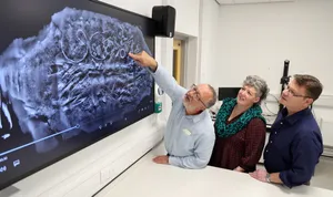 Group of people looking at a CT scan, produced by MUVIS, University of Southampton, of the block of artefacts excavated from Melsonby. From left to right: Dr Keith Emerick, Inspector of Ancient Monuments, Historic England, Dr Sophia Adams, Curator, The British Museum, and Professor Tom Moore, Head of the Department of Archaeology.