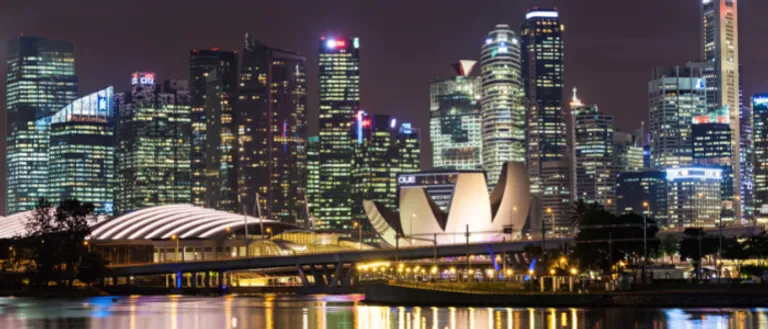 View of Singapore city skyscrapers by night