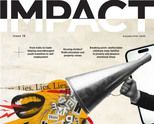 magazine cover of speaker with fake news coming out of it