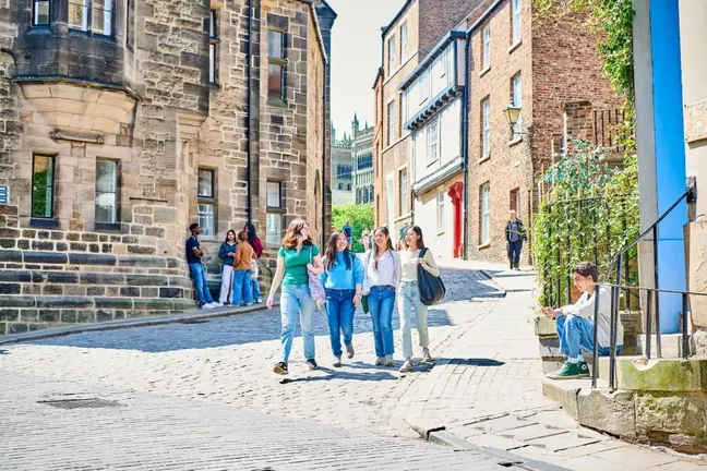 Students walking down a street
