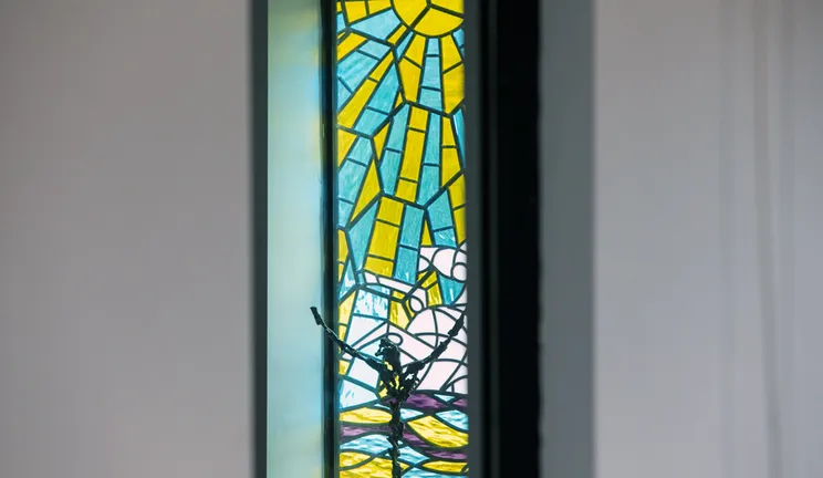 A stained glass window in the Trevelyan College Multifaith Room