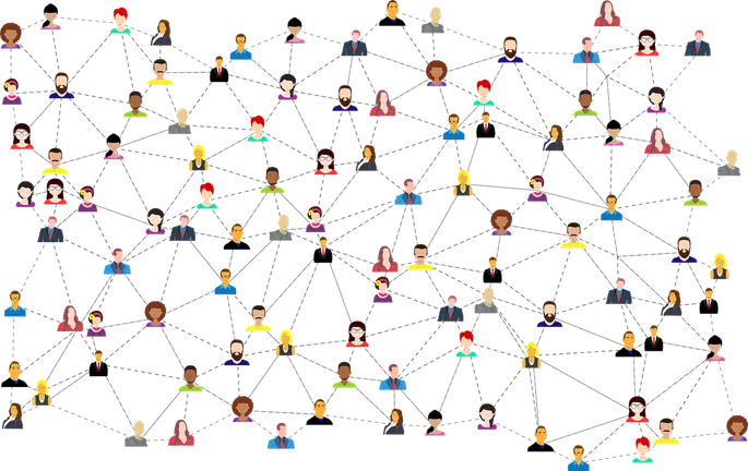 a colourful web of illustrated characters all connected with lines