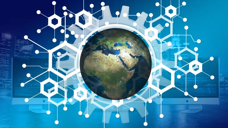 A picture of the world surrounded by city scape networks and shapes