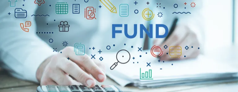 Man with calculator with funding icons floating in the air