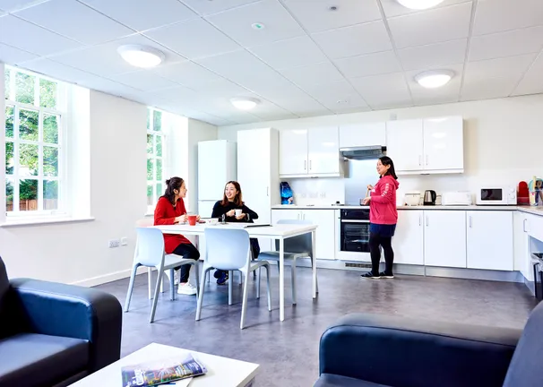 Students socialising in a kitchen at Ustinov College