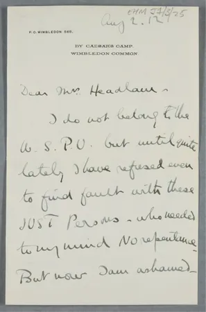 Letter written in ink addressed to Else Headlum Morley, a campaigner for women’s suffrage.