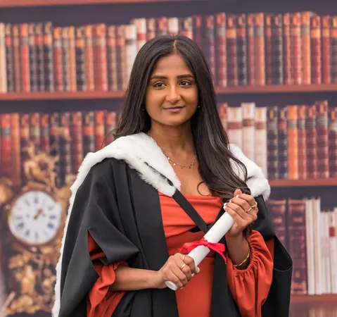 Graduand holding degree parchment for photograph