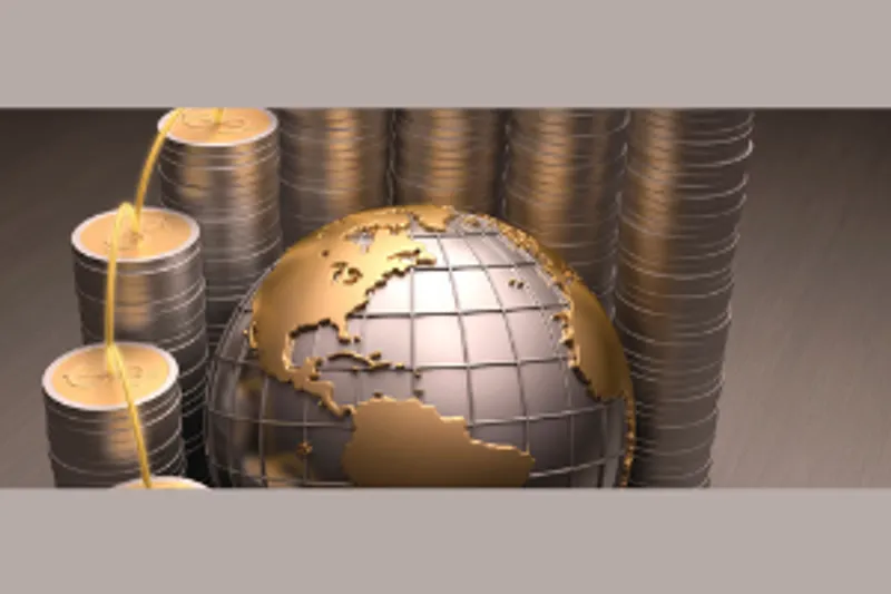 A metal globe surrounded by towers of coins