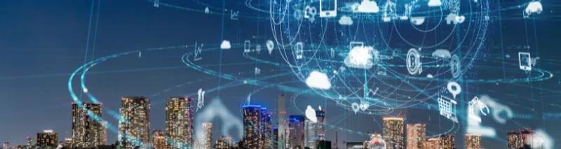 Virtual IT concepts on a city scape background