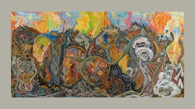 Landscape format painting, illustrative in style, visualising the story of Lucifer’s redemption.