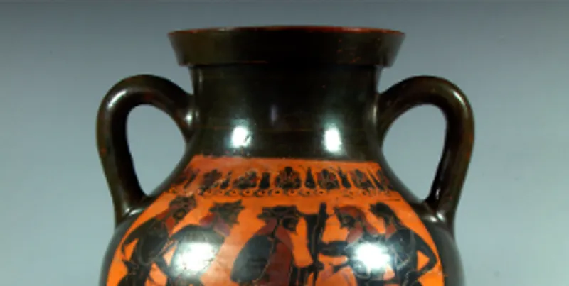Close-up view of a glazed Greek pot featuring a god speaking with a group of satyrs