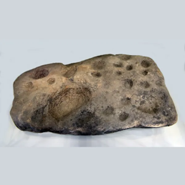 Colour photograph of a large rock covered with prehistoric ‘cup and ring’ marks.