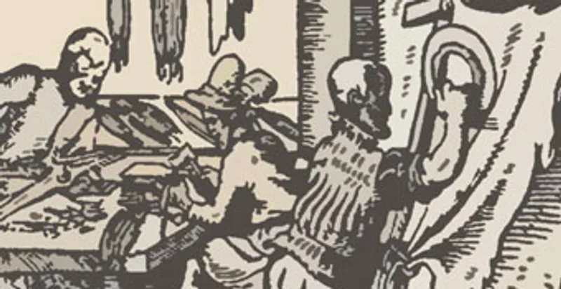 Zoomed in image from a woodcut print, showing three Tudor men working in a leather workshop. Two of the men are bent over a table as they work on pieces of leather. The third is standing and working on a larger piece of leather on a frame, using a curved blade.
