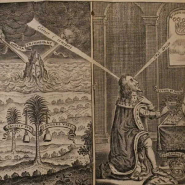 A version of William Marshall's design for the frontispiece to 'Eikon Basilike'; emblematical design; to right, Charles I kneeling on his left knee, his head in profile to right, holding a crown of thorns, a book propped on the table in front of him, and a crown and globe at his feet.