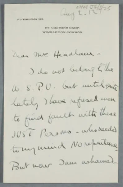 Letter written in ink addressed to Else Headlum Morley, a campaigner for women’s suffrage.