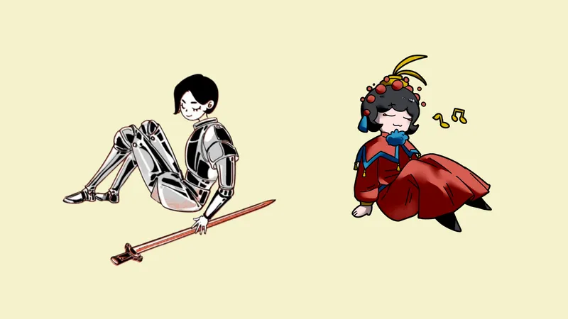 Illustration of a knight in armour and opera singer in costume sat back to back