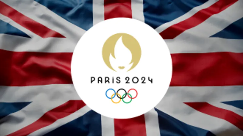 A graphic with a union jack background showing the logo for the Paris 2024 Olympics