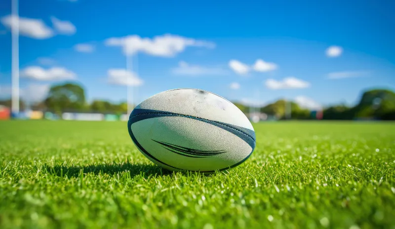 A white and blue rugby ball on green grass with blue sky behind