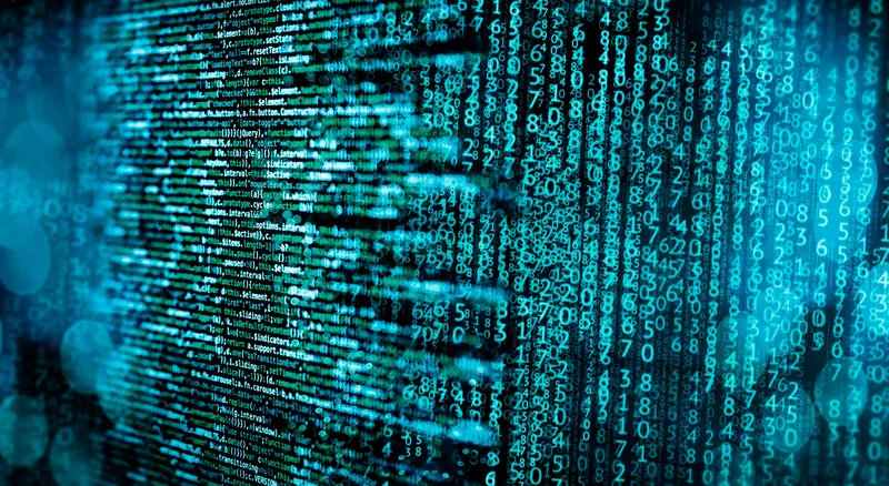 Programming code with matrix and abstract technical background in blue