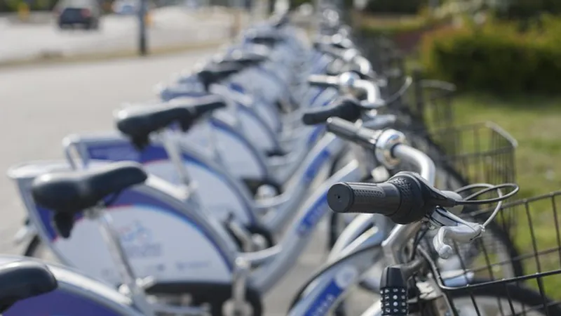 Line of electric bikes on city street