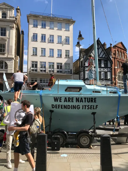 The blue Extinction Rebellion boat