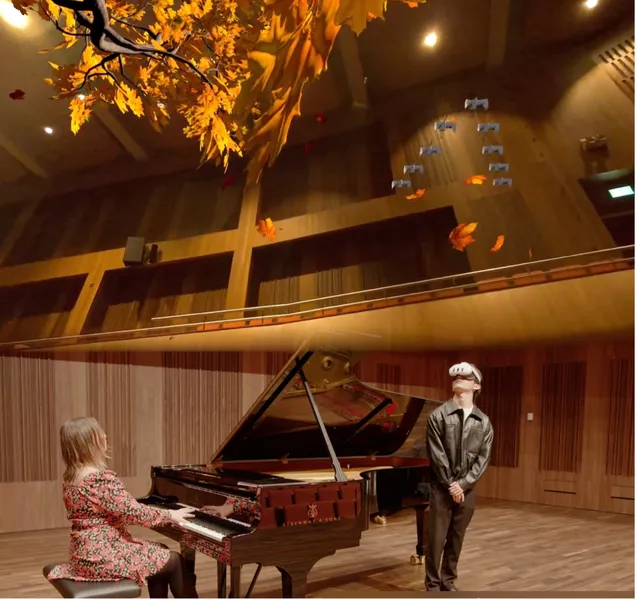 A pianist and a person in a leather jacket wearing a VR headset in a concert hall