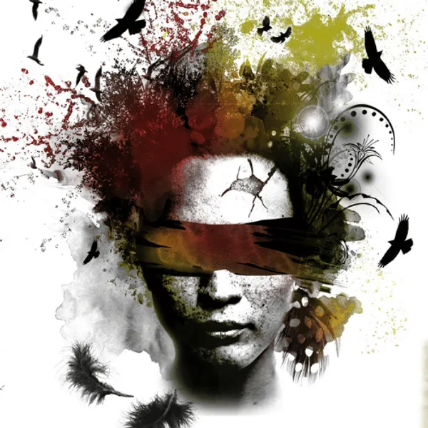 A illustration of a blind folded head with birds and graphics