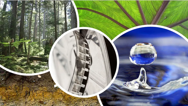 a montage of images including a film reel, a forest floor, a drop of water, a leaf, a soil horizon