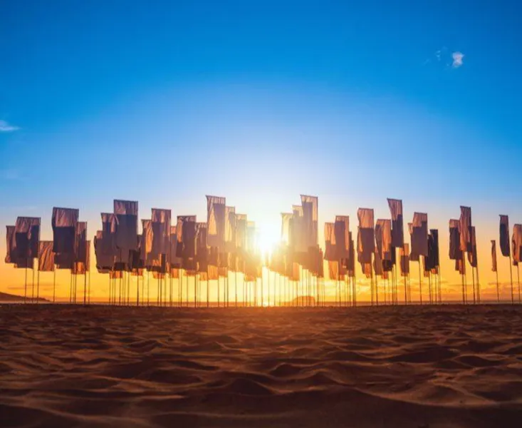 Art installation, with flags in a field with a sunrise