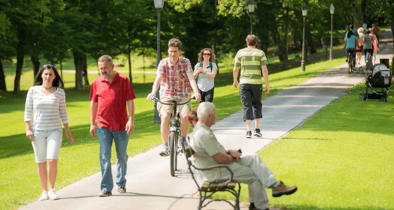A group of people walking and cycling through the park
