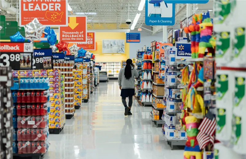 The middle aisle of a shopping centre, with smaller aisles branching off from either side and someone towards the end of the main aisle walking away from the camera.