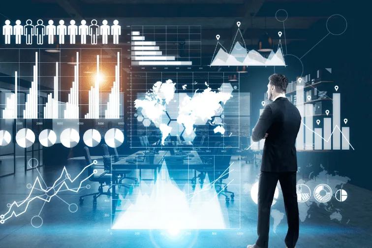 A business man looking at a digital illustration of charts and graphs