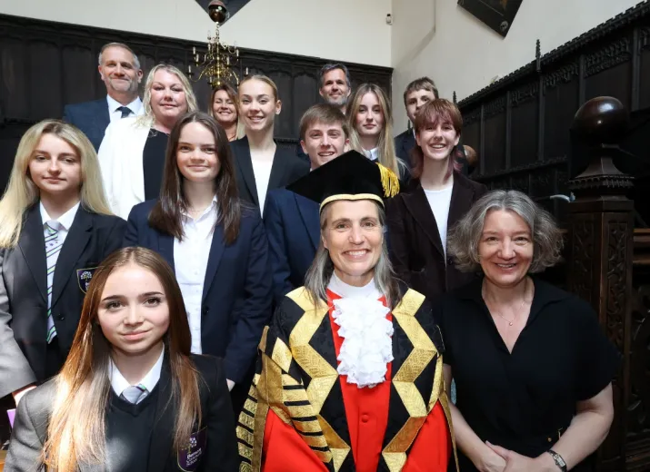 Chancellor Dr Fiona Hill and Vice-Chancellor Professor Karen O’Brien with staff and students from local schools