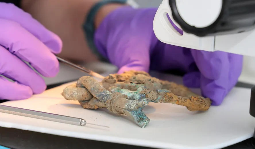 A copper alloy bridle bit from The Melsonby Hoard being cleaned under a microscope.