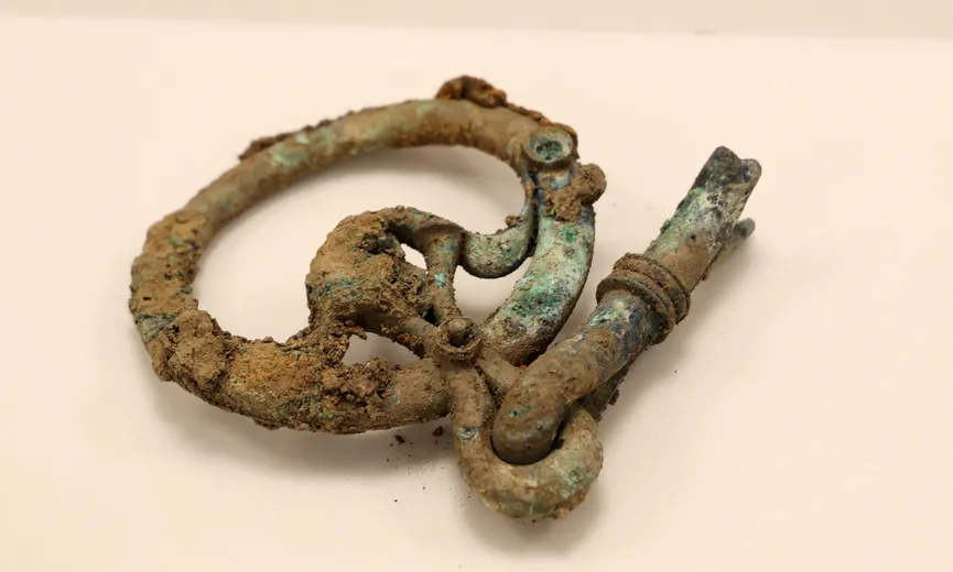 One of the artefacts from the Melsonby Hoard - a cheek-ring and mouthpiece fragment from an Iron Age bridle bit.