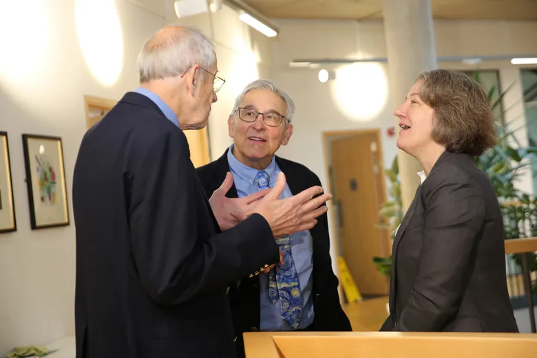 Professor Jim Peebles, Professor Carlos Frenk and Professor Professor Karen O’Brien in discussion during the Ogden at 20 open day in the Ogden Centre West Building