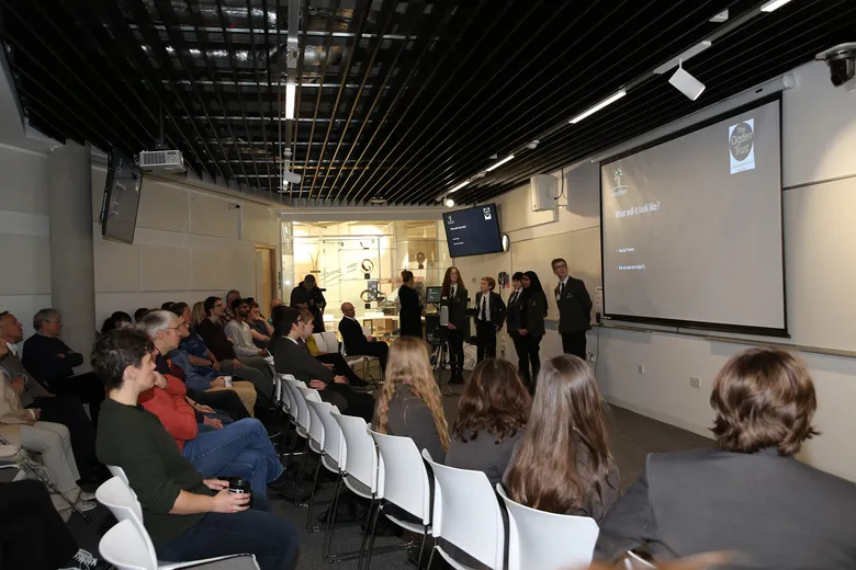 Pupils from Woodham Academy presented the artwork to an audience which included Sir Peter Ogden and family