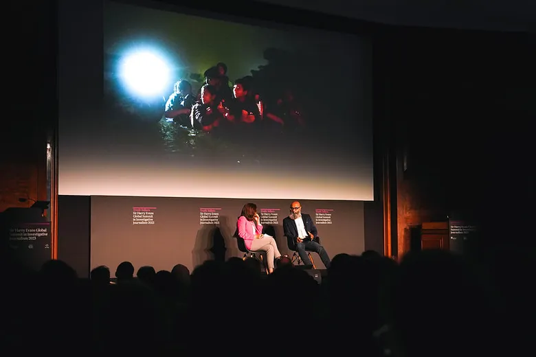 Alessandra Galloni and Andrees Latif, enterprise editor, Reuters Pictures onstage at the Sir Harry Evans Summit
