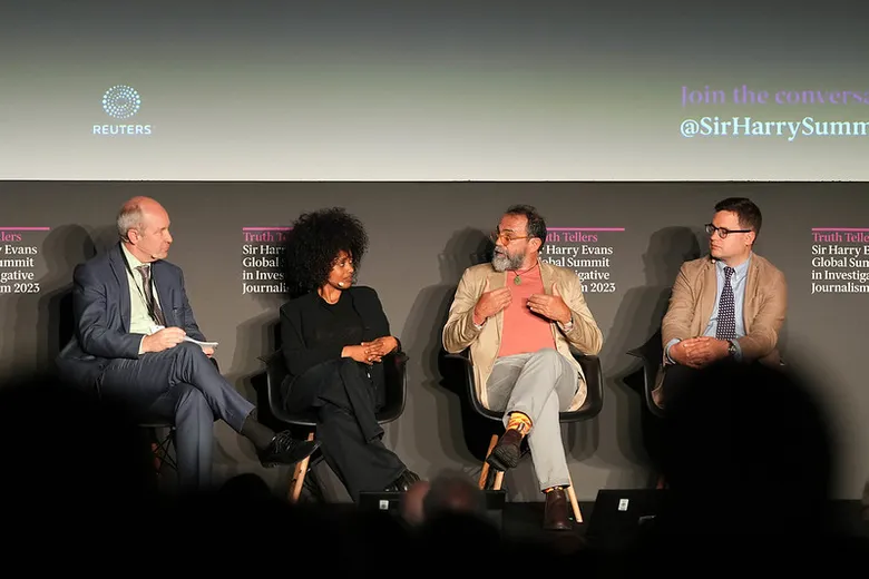 Panel of journalists onstage at the Sir Harry Evans Summit