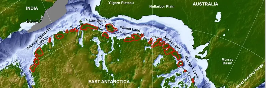 A map showing the coasts of East Antarctica, Australia and India