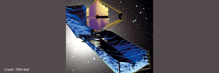 Artist's impression of the James Webb Space Telescope with black and blue solar panels and a gold dish against a background of stars