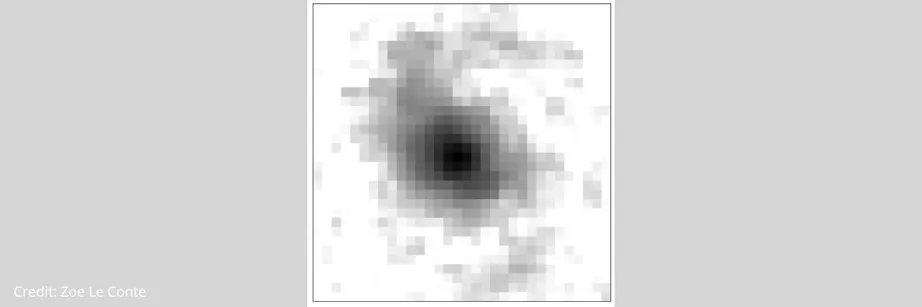 A pixelated image of a spiral galaxy with a black centre and grey spiral against a white background.