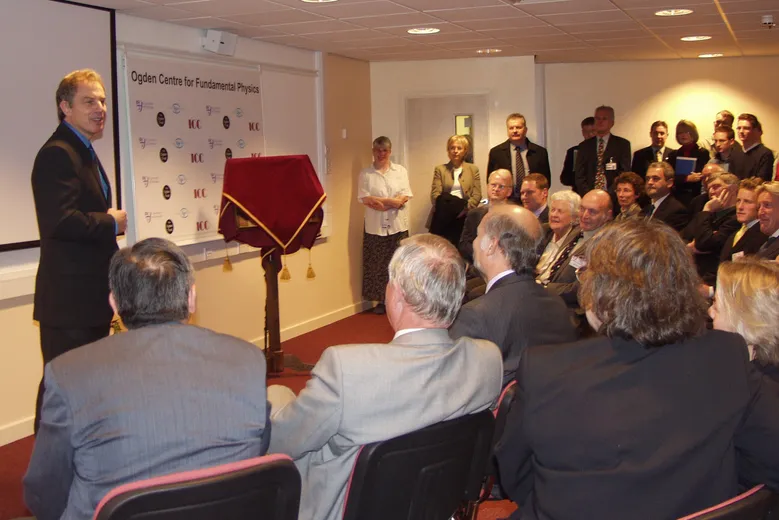 Tony Blair addresses a room full of academics and other dignataries at the opening of the Ogden East building
