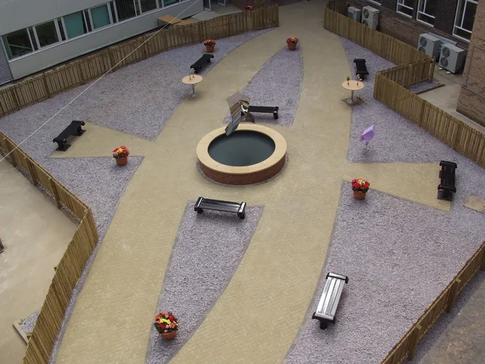 Aerial view of the quad, with the Journey sculpture hanging above its pond